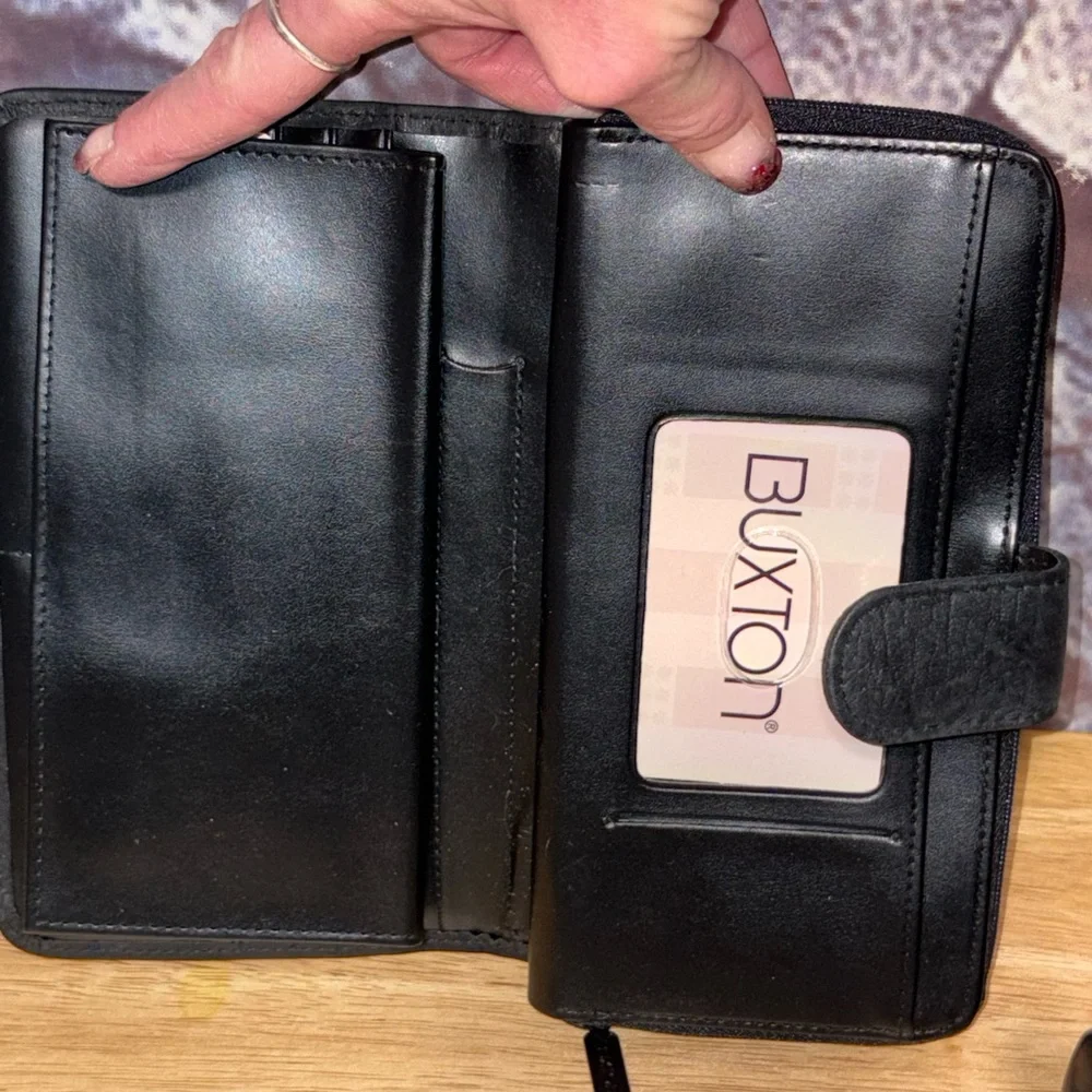 Buxton Tab Ensemble Checkbook Zip Around Wallet Black Genuine Leather Logo